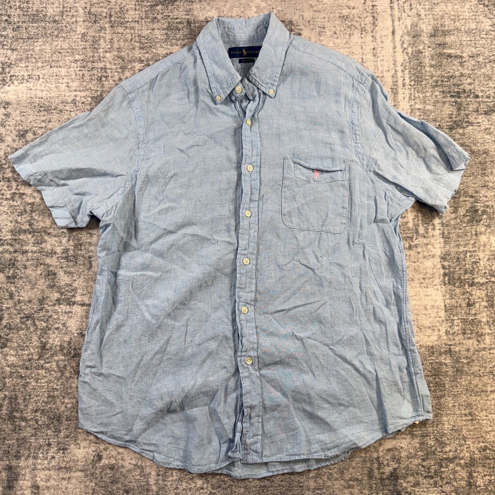 Polo Ralph Lauren Linen Shirt Mens Large Classic Fit Light Blue Preppy Coastal